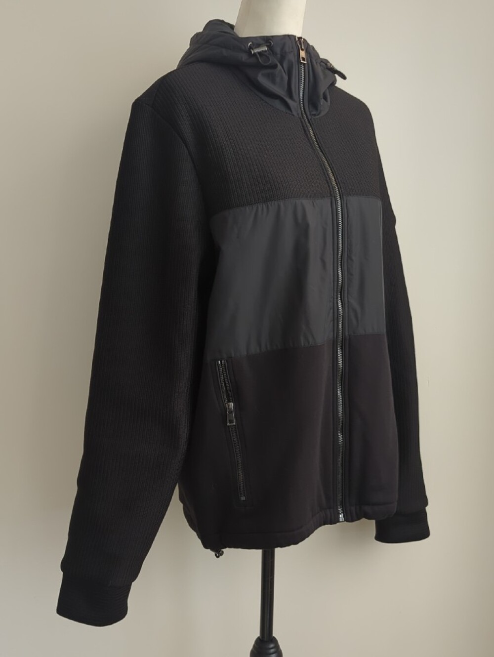 NWT Michael Kors Men's Mix-Media Ribbed Knit Full-Zip Hoodie Jacket Black LARGE